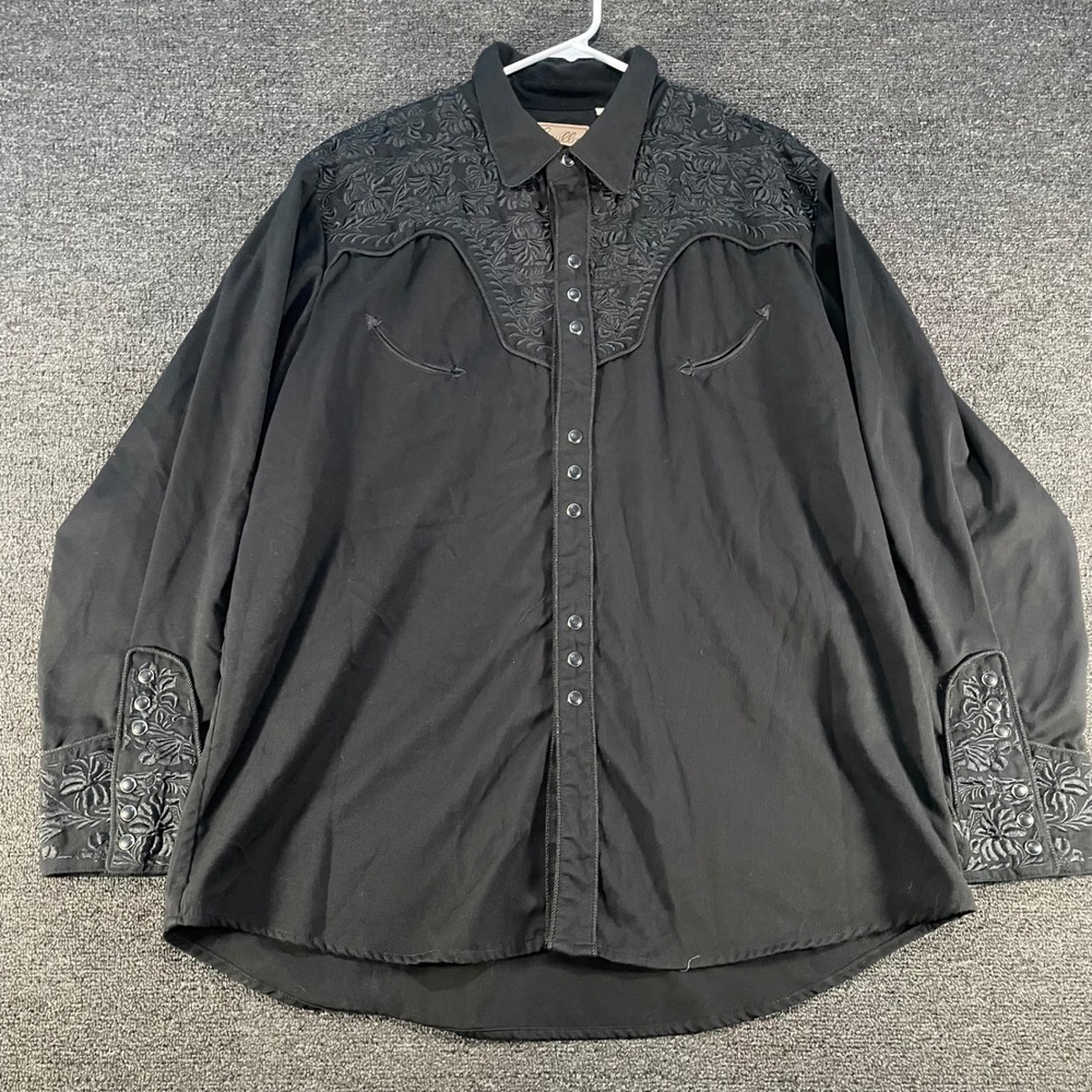 Scully Western Shirt Mens XXL Black Good Floral Embroidered Snap Front P-634